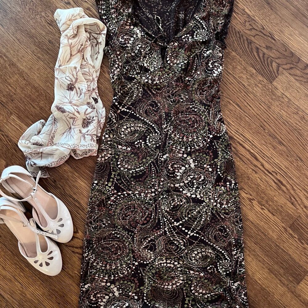 Cute Vintage (90s) Empire-Waist Short-Sleeve Brown Paysley-ish Dress - 8-10-S/M - Picture 7 of 7